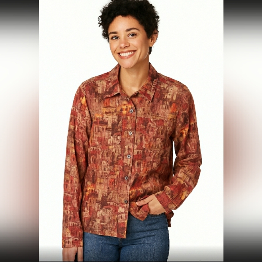 Chico's Multicolor Architectural Print Button-Down Shirt Long-Sleeve Size 3 (XL)